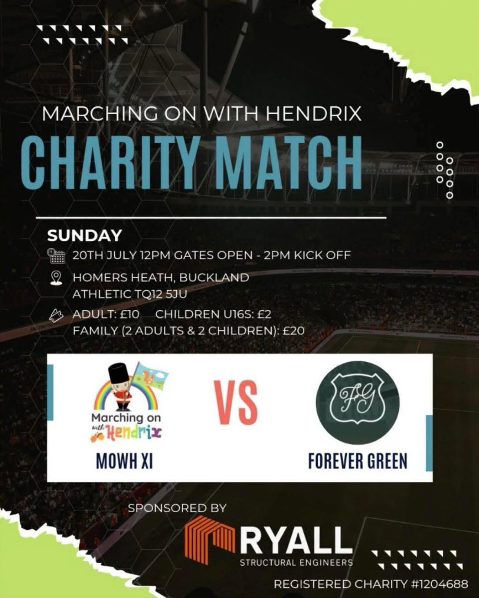 Buckland Athletic (@officalbafc) on Twitter photo ๐๏ธ | We Are Hosting
๐๏ธ Sunday 20th July
๐ Marching On With Hendrix vs <a href="/Argyle/">Plymouth Argyle FC</a> Forever Green Legends
๐ค Homers Bar, Kitchen & Treats open 12pm
โฐ 2pm
All proceeds donated to Marching On With Hendrix - a charity supporting bereaved families ๐ซถ
Tickets ๐๐ป ticketsource.co.uk/marching-on-wiโฆ ๐๏ธ | We Are Hosting
๐๏ธ Sunday 20th July
๐ Marching On With Hendrix vs <a href="/Argyle/">Plymouth Argyle FC</a> Forever Green Legends
๐ค Homers Bar, Kitchen & Treats open 12pm
โฐ 2pm
All proceeds donated to Marching On With Hendrix - a charity supporting bereaved families ๐ซถ
Tickets ๐๐ป ticketsource.co.uk/marching-on-wiโฆ