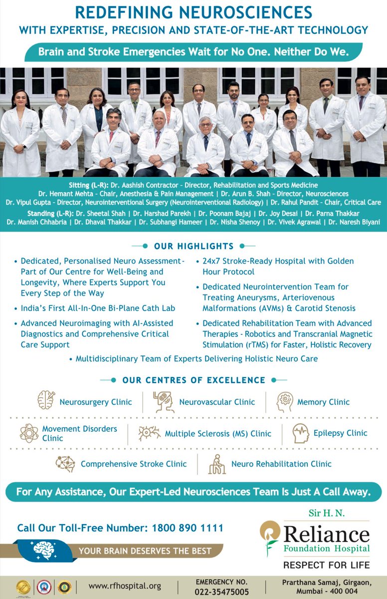 Proud to be part of the Neurosciences team, Sir HN Reliance Foundation Hospital. Particularly heartening to see the hospital's commitment towards stroke and neurovascular diseases, including Aneurysms and AVMs 
#NeuroCare #StrokeTeam #BrainHealth #SirHNRelianceFoundationHospital