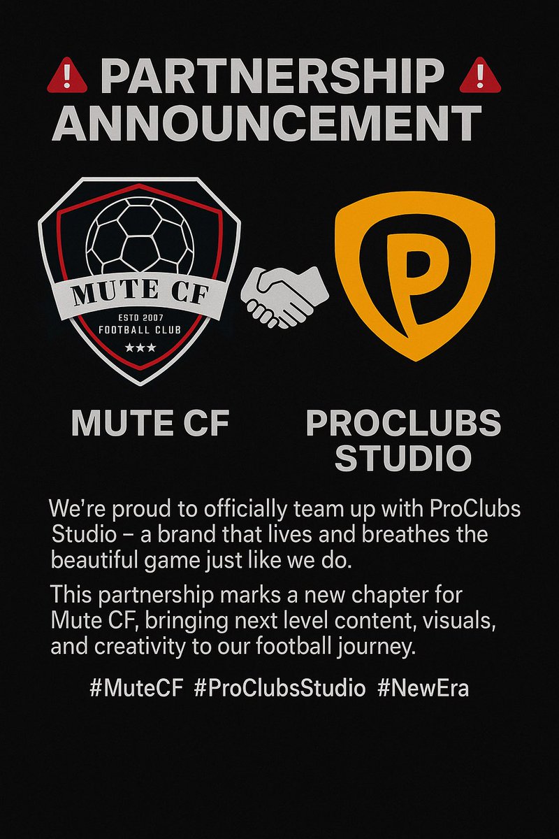 MUTE CF (@mutecf) on Twitter photo 🚨Partnership Announcement🚨
Mute CF 🤝 <a href="/ProClubsStudio_/">Pro Clubs Studio</a>
Proud to team up with ProClubs Studio.A brand that lives and breathes the beautiful game just like we do. This partnership marks a new chapter for us, bringing next level visuals, and creativity to our football journey 🚨Partnership Announcement🚨
Mute CF 🤝 <a href="/ProClubsStudio_/">Pro Clubs Studio</a>
Proud to team up with ProClubs Studio.A brand that lives and breathes the beautiful game just like we do. This partnership marks a new chapter for us, bringing next level visuals, and creativity to our football journey
