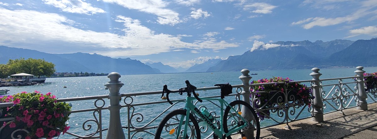European heat wave bike ride! Lake Geneva at Vevey, global headquarters of Nestle looking towards Montreux where the jazz festival just wrapped up.