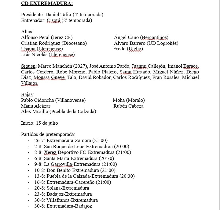 MERCADO FÚTBOL EXTREMEÑO 25-26:

Actualizo mi guía del fútbol extremeño de 1ª a 3ª RFEF, a día de hoy.

Os agradezco compartir para que llegue al mayor número de gente. Y también vuestro ❤️.

Empezamos con 1ª, <a href="/CPCacerenoSAD/">CP Cacereño 🟢🐉</a> y <a href="/Merida_AD/">A.D. Mérida</a>: y 2ª, <a href="/CDCORIA/">Club Deportivo Coria</a> y <a href="/CDExt1924/">CD EXTREMADURA</a>.

(1/7)