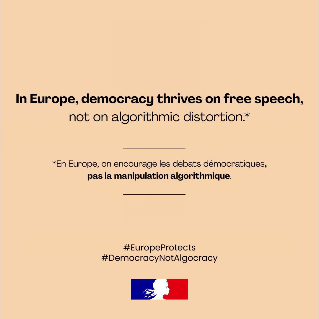 FranceenCroatie's tweet image. In Europe, democracy thrives on free speech, not on algorithmic distortion. #EuropeProtects #DSAProtects #DemocracyNotAlgoracy