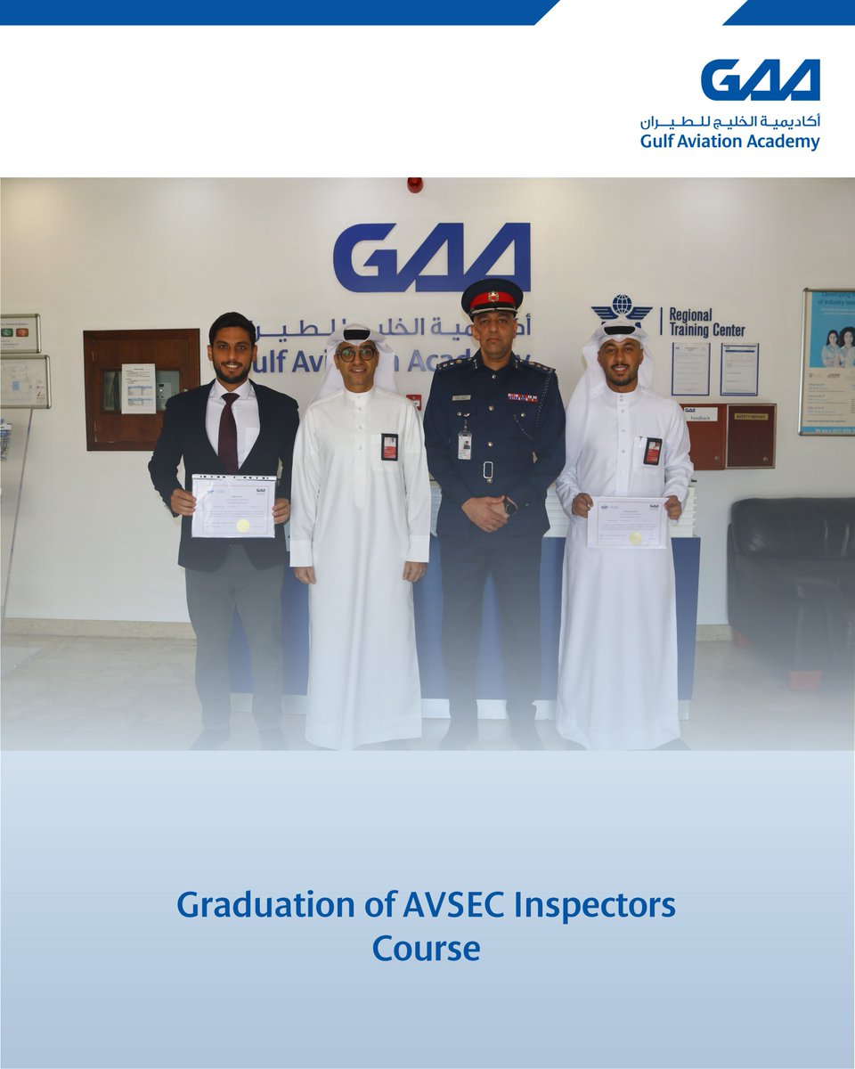 GAA_bh's tweet photo. Gulf Aviation Academy wishes to extend its sincere congratulations to all its participants for successfully completing the AVSEC Inspectors course which took place at the GAA training center from June 29thto July 7th, 2025.

#GulfAviationAcademy #AvsecInspectorsCourse #Bahrain https://t.co/un1TGior6r