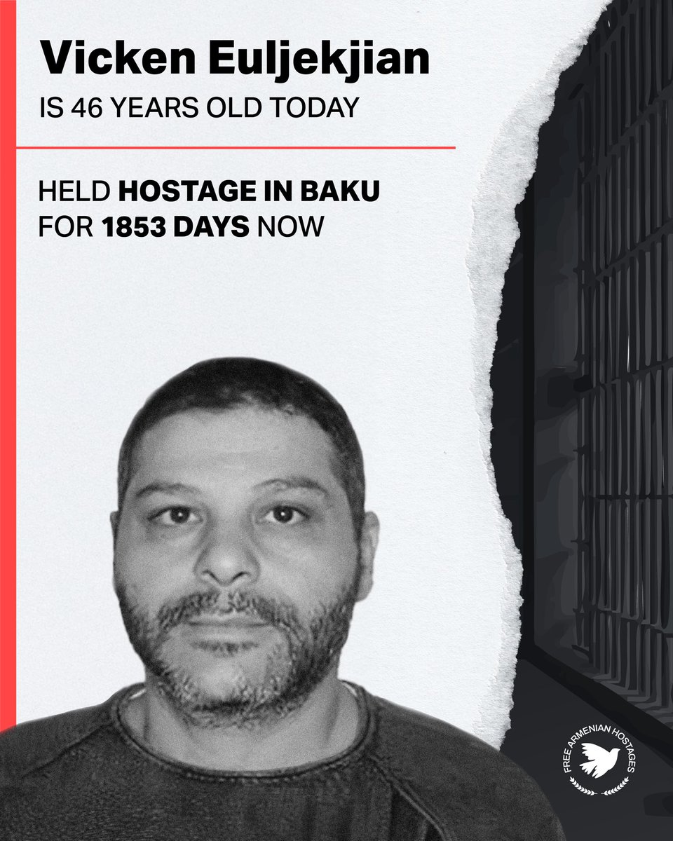 Free Armenian Hostages (@freearmhostages) on Twitter photo Vicken Euljekjian should be celebrating his 46th birthday with his family and friends.
Instead, he has spent 1853 days in Aliyev’s captivity.
We are fighting for Vicken and all of the 23 hostages back home.
#FreeVicken <a href="/LindaVicken/">Linda vicken euljeckjian</a>
#FreeArmenianHostages
—
Այսօր Վիգեն Vicken Euljekjian should be celebrating his 46th birthday with his family and friends.
Instead, he has spent 1853 days in Aliyev’s captivity.
We are fighting for Vicken and all of the 23 hostages back home.
#FreeVicken <a href="/LindaVicken/">Linda vicken euljeckjian</a>
#FreeArmenianHostages
—
Այսօր Վիգեն