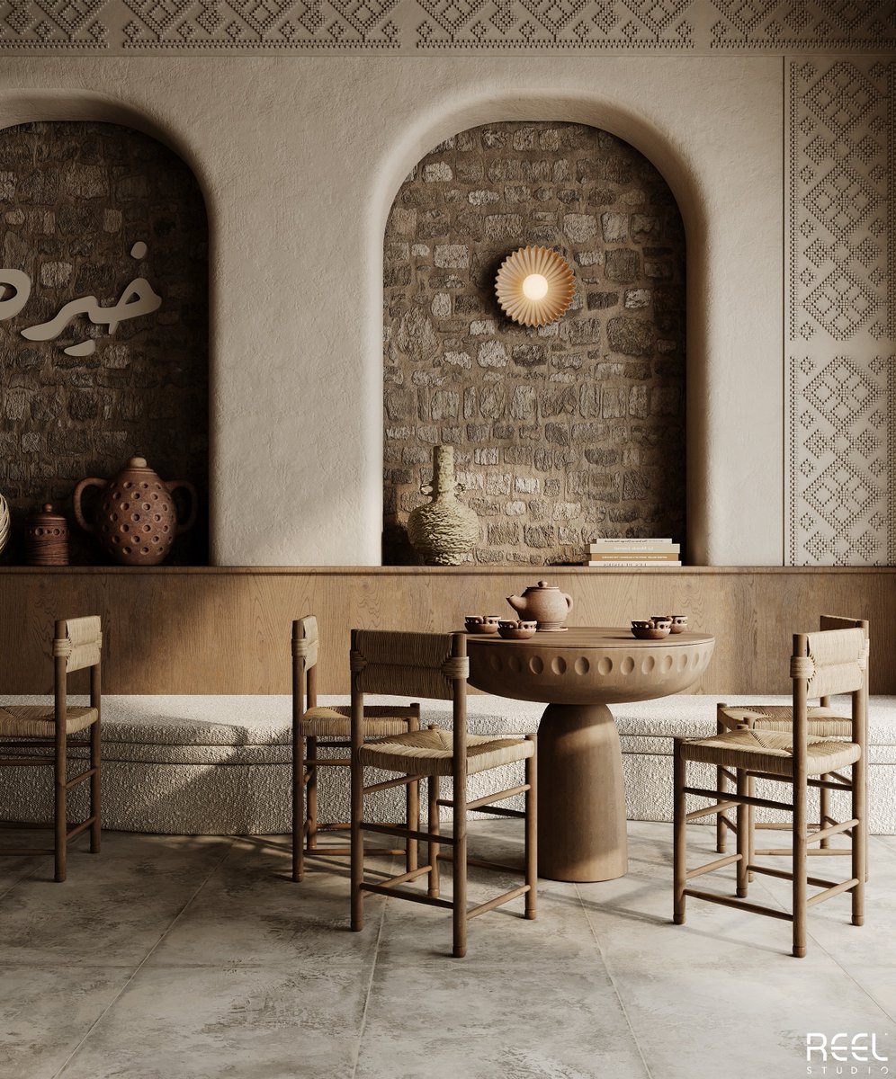 ReelStudioDes's tweet image. Khairah Restaurant Design

A rustic restaurant that blends natural stone walls, exposed wood beams, and handcrafted woven furniture to evoke an inviting, authentic atmosphere

Location: Oman

​Full project :
behance.net/gallery/230233…

#interiordesign  #cafedesign #InteriorDecor