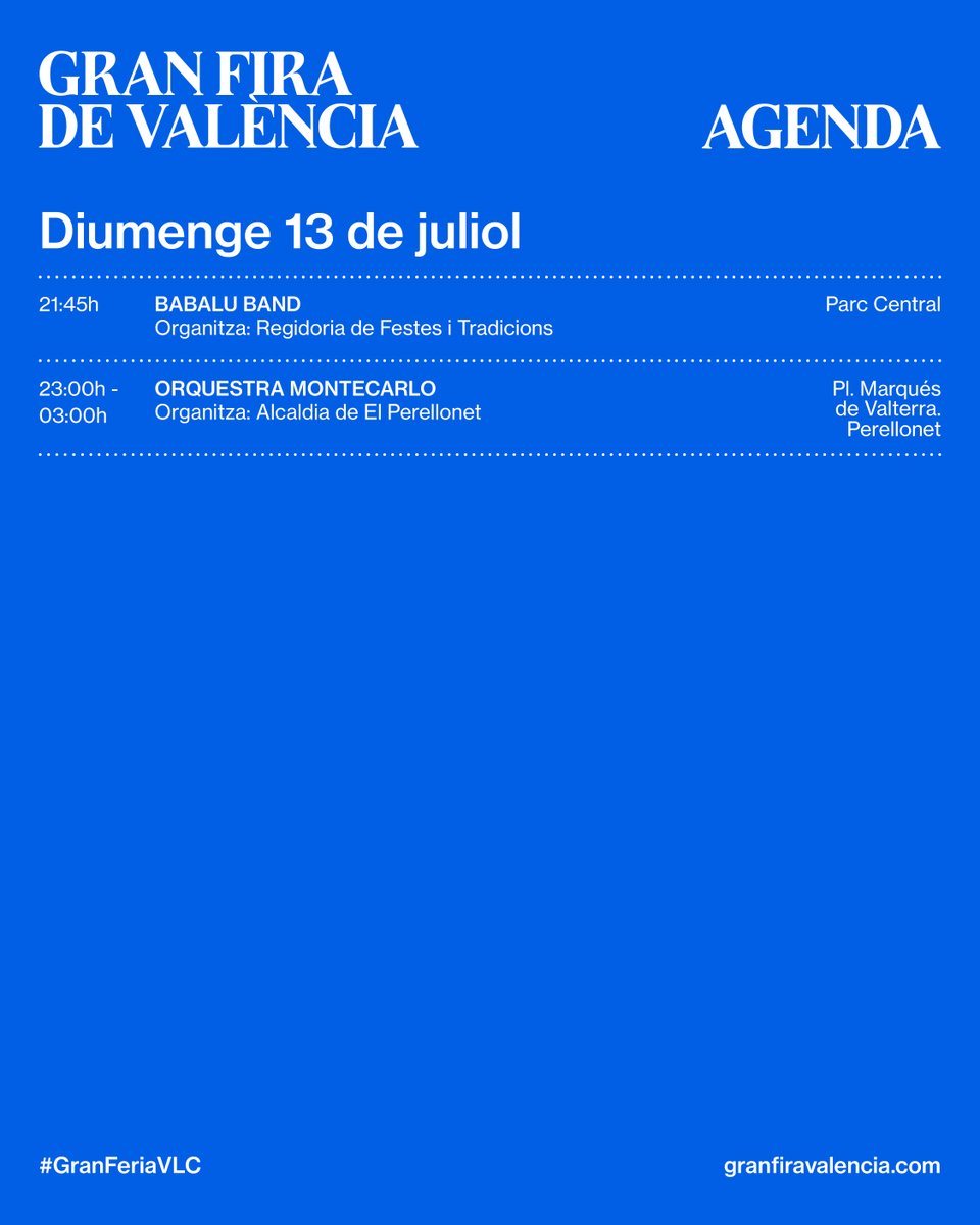 AjuntamentVLC's tweet image. 🌼 La #GranFiraVLC ha programat per a esta vesprada activitats a #Natzaret, #Perellonet i el #ParcCentral📍, entre altres.

🎶Música, monòleg🎙️, màgia familiar, concerts🎸, i molt més.

ℹ️ Consulta ací tota la programació ⤵️