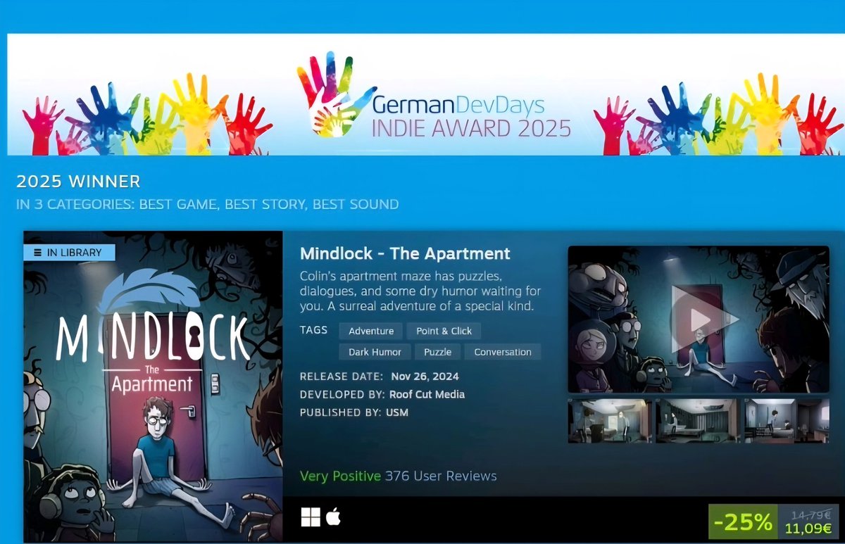 📒Seer of Spring Seedlings🎙 (@shakyradunn) on Twitter photo ☺️ Meant to share a few days ago.
"Mindlock: The Apartment" by <a href="/CutRoof/">Roof Cut Media</a> won THREE awards at the German Dev Days 2025 Indie Awards!
Best story, best sound, AND best game!
🥹 Incredible news for sure. It was an honor to be on board as Michelle, I just. Am so grateful. ☺️ Meant to share a few days ago.
"Mindlock: The Apartment" by <a href="/CutRoof/">Roof Cut Media</a> won THREE awards at the German Dev Days 2025 Indie Awards!
Best story, best sound, AND best game!
🥹 Incredible news for sure. It was an honor to be on board as Michelle, I just. Am so grateful.