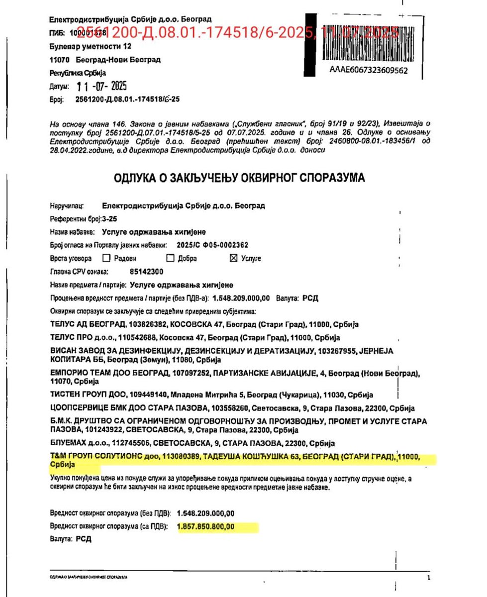 Elektrodistribucija Srbije dala posao u vrednosti od preko 1,8 milijardi dinara, za usluge održavanja higijene, konzorcijumu firmi u kojem je i T&amp;M Group Solutions. Firma Daneta Šijana, prijatelja Vlade Mandića, koja se dovodi u vezu sa dovoženjem fantomskih birača. Njeni