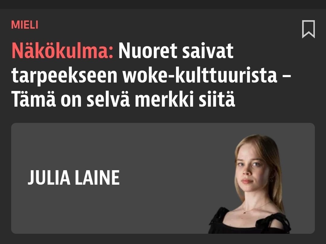 Hyviä uutisia! Tolkku on viimein palaamassa, kun woke-vedätys on hiipumaan päin ja nuoret alkavat ajatella taas itsenäisesti. Kuten artikkelista käy ilmi, otetaan tämä ryhtiliike monissa tiedostavissa piireissä raskaasti, kun nuoret eivät olleetkaan vedätettävissä punavihreällä