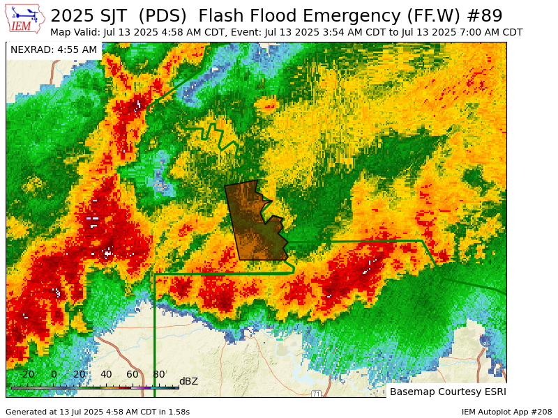 Iembot_emerg's tweet image. SJT continues Flash Flood Emergency [flash flood: radar indicated, flash flood damage threat: catastrophic] for San Saba [TX] till Jul 13, 7:00 AM CDT mesonet.agron.iastate.edu/vtec/f/2025-O-…