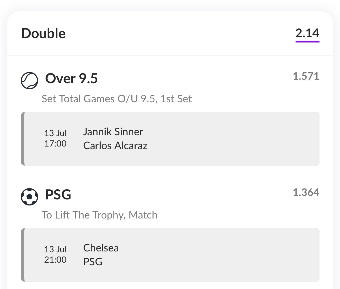 DiscreteTipster's tweet image. WHAT A DAY OF SPORT TODAY🔥😍

Wimbledon Final🎾
Club World Cup Final⚽️

DOUBLE @ 2.14💰

We are placing this DOUBLE on PuntIt to unlock £20 FREE BETS🔐👊🏼

Sign-Up, Deposit &amp;amp; Place Here to redeem⤵️

bit.ly/PUNTIT4-BET-10…

18+ gambleaware.org #ad
New Customer Offer T&amp;amp;C…