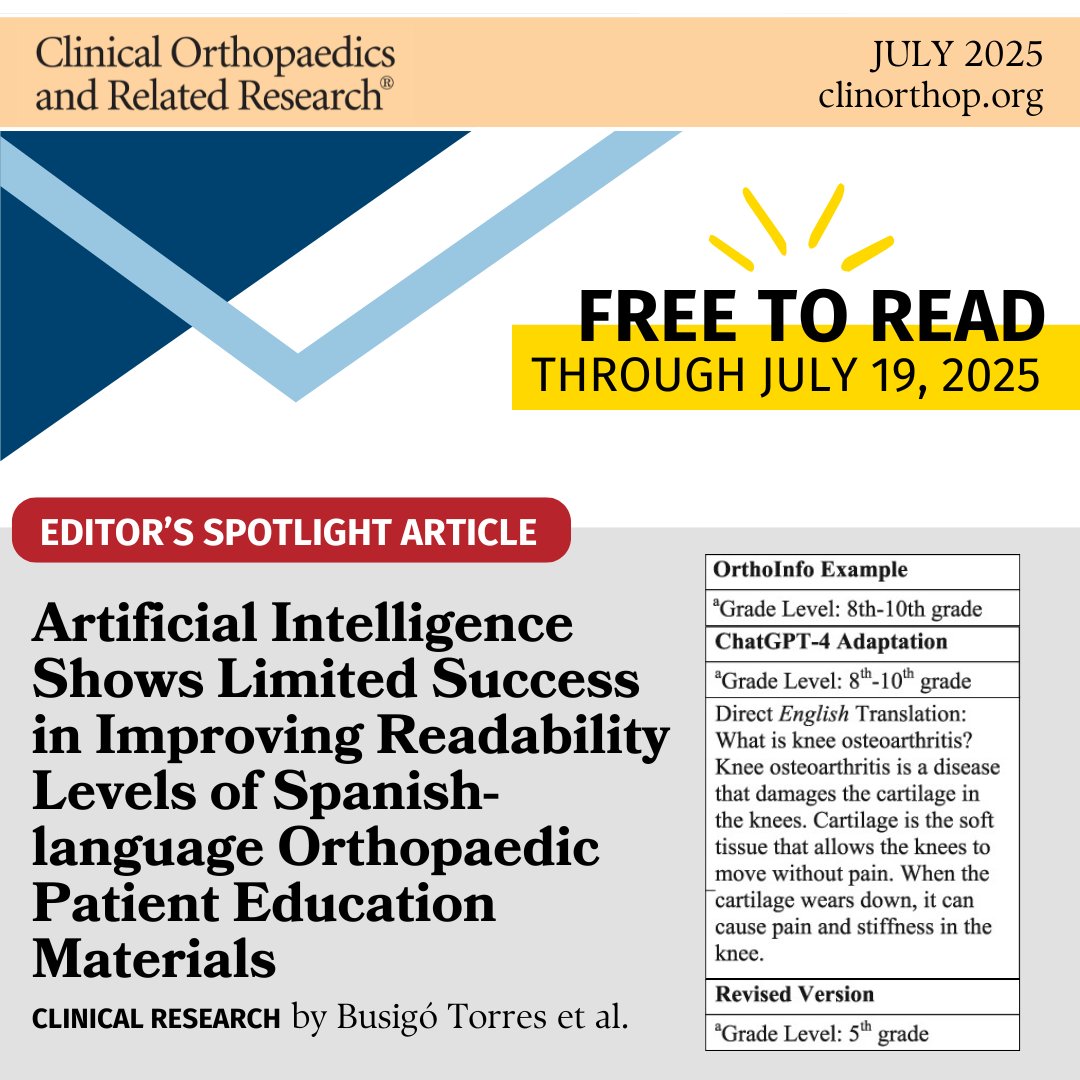 Clinorthop's tweet image. 📢 Free to read til 7/19: Busigó Torres et al.'s findings show why institutions should not use ChatGPT-4 to simplify Spanish-language education materials, as it can comprise the quality of the information.
Read in #CORR: ow.ly/xlBR50WoxEe
#orthoTwitter #AI
