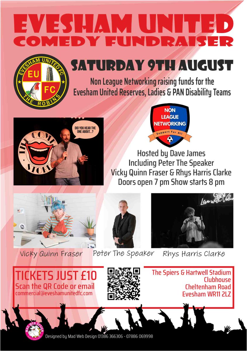 Evesham United FC (@eveshamunitedfc) on Twitter photo 🗣️ Non League Networking Presents Evesham United Comedy Fundraiser
📆 Sat 09 Aug
🎟️ £10 ON SALE - Scan the QR code
⏰ Doors Open 19:00 for 20:00
📩 commercial@eveshamunitedfc.com
📍 The Spiers & Hartwell Stadium WR11 2LZ
🔴⚪️Raising Funds for Reserves, Ladies, PAN Disability 🗣️ Non League Networking Presents Evesham United Comedy Fundraiser
📆 Sat 09 Aug
🎟️ £10 ON SALE - Scan the QR code
⏰ Doors Open 19:00 for 20:00
📩 commercial@eveshamunitedfc.com
📍 The Spiers & Hartwell Stadium WR11 2LZ
🔴⚪️Raising Funds for Reserves, Ladies, PAN Disability