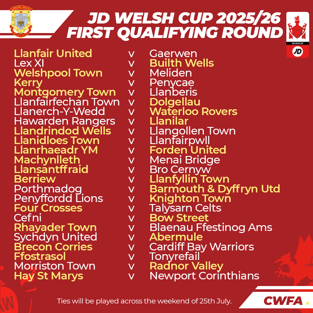 ICYMI: Here's the <a href="/FAWales/">FA WALES</a> #JDWelshCup 1st Qualifying Draw featuring #CWFA clubs. Ties to be played weekend of 25/07/2025 - good luck all 🏆