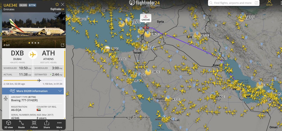 thematidog's tweet image. One of the ways to measure peace is to look at civilian aircraft movements in a certain area. Here is a current Emirates flights on its way to Europe, flying over formerly no-go territories in Syria and Lebanon. This is a direct and immediate peace dividend.