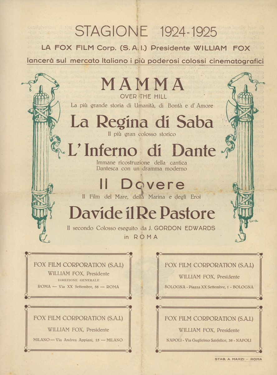 Pubblicità per la Stagione 1924-1925 della Fox Film Corporation in Italia, ornata dai fasci littori, emblema dei Fasci Italiani di combattimento di Benito Mussolini