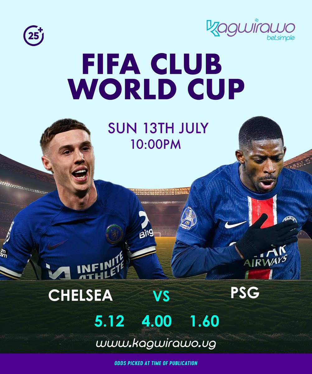 Kagwirawo's tweet image. 🏴 Chelsea 🆚 PSG 🇫🇷
Who will be crowned world champions?
Bet via kagwirawo.ug
#KagwirawoUpdates | #FIFACWC