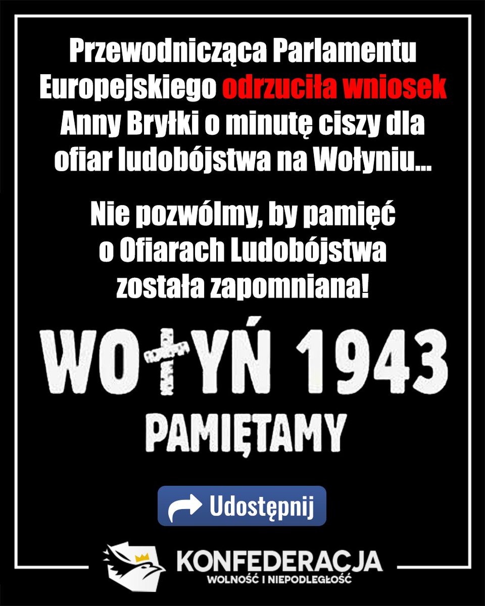 Nie pozwólmy, by pamięć o Ofiarach Ludobójstwa na Wołyniu została zapomniana, nawet jeśli zamilczeć prawdę chce Parlament Europejski! ❌🇪🇺

👉 PODAJ DALEJ ‼