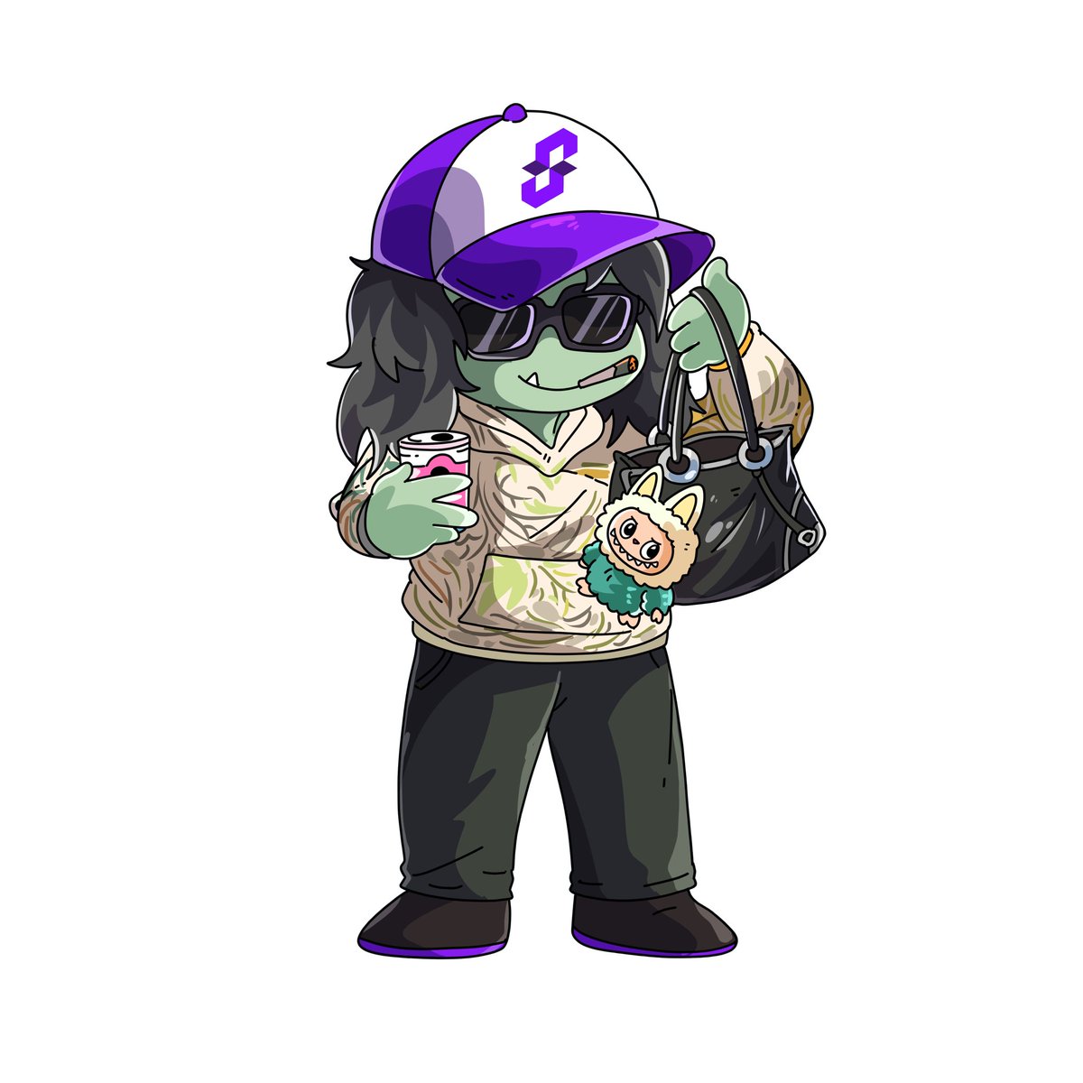 Imagine being mean to me and I’m  literally just an adorable troll in a camo hoodie holding ur purse and looking after ur Labubu.