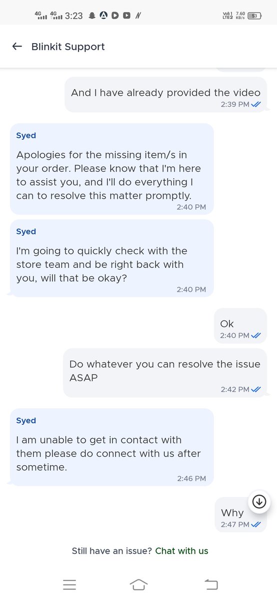 juweria_moin's tweet photo. @letsblinkit @blinkitcares I ordered 14 items from Blinkit but I received only 8 items.I spoke with Blinkit support and shared supporting evidence, but they kept disconnecting the chat . My order ID:ORD27431921755. I want either my missing items delivered or a refund. https://t.co/xtcDMEjaRk