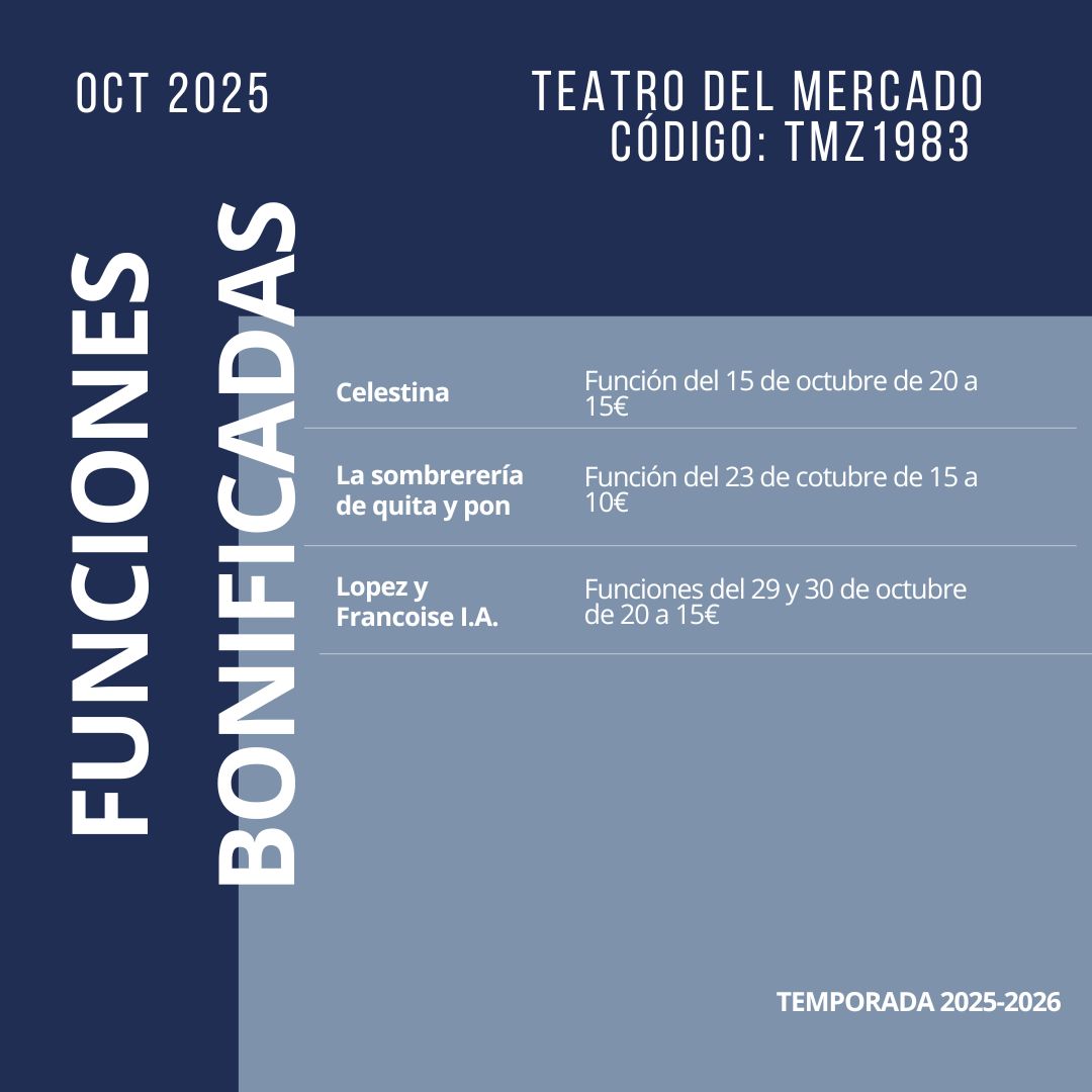 Teatro del Mercado de Zaragoza (@teatromercado) on Twitter photo Vamos a volver con las pilas cargadas esta nueva temporada. Ya puedes descubrir todas las obras bonificadas que tendremos el mes de octubre.
👉Recuerda usar el código TMZ1983 al comprar tu entrada bonificada. Sirve en compra de entradas por internet y en taquilla.
<a href="/zaragoza_es/">AyuntamientoZaragoza</a> Vamos a volver con las pilas cargadas esta nueva temporada. Ya puedes descubrir todas las obras bonificadas que tendremos el mes de octubre.
👉Recuerda usar el código TMZ1983 al comprar tu entrada bonificada. Sirve en compra de entradas por internet y en taquilla.
<a href="/zaragoza_es/">AyuntamientoZaragoza</a>