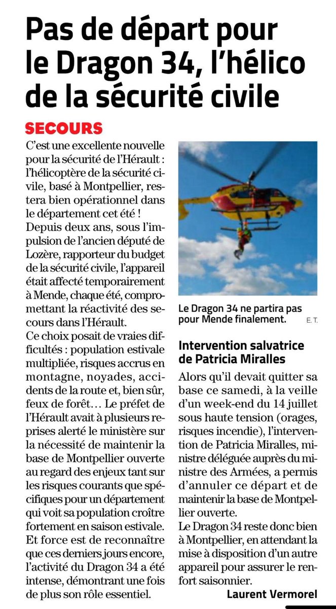 🚁 Soulagement pour l’Hérault : le Dragon 34 reste à #Montpellier ! 

Je tiens à remercier chaleureusement <a href="/MIRALLESMP/">Patricia Miralles</a> , ministre déléguée auprès du ministre des Armées, pour son engagement concret et son écoute des enjeux locaux. Sa mobilisation a permis de garantir la présence