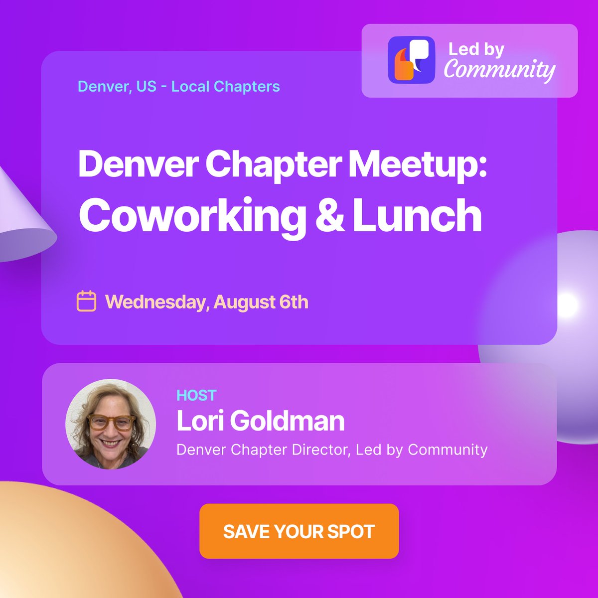 Hey, Denver community folks! 🌄

Join us on August 6 for a morning of coworking, connection, and casual lunch—designed for community pros, organizers, and curious minds alike.

Here’s what’s in store:
👋 Light check-in &amp; intros
💻 Focused coworking time
🥗 Lunch with fellow