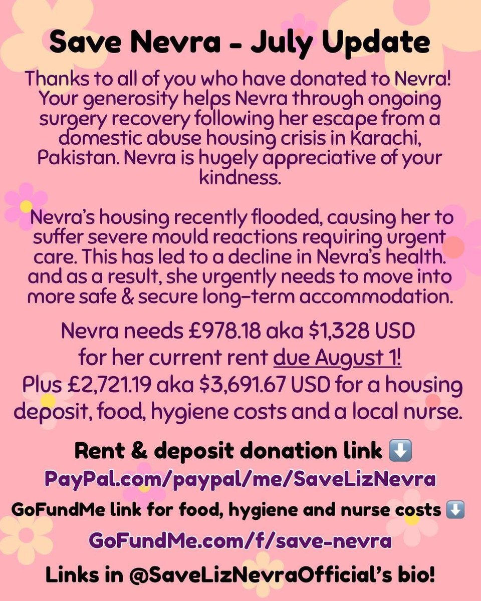 Save Liz Nevra (@saveliznevra) on Twitter photo July update here! Please RT, QT, comment for engagement
Been such a hard month, I need to move into safer housing but am so sick now from mould and water damage
So grateful for your help ❤️🩹
💜 Rent PayPal: paypal.com/paypalme/SaveL…
❤️ GoFundMe: gofundme.com/f/save-nevra 🧵 1/3 July update here! Please RT, QT, comment for engagement
Been such a hard month, I need to move into safer housing but am so sick now from mould and water damage
So grateful for your help ❤️🩹
💜 Rent PayPal: paypal.com/paypalme/SaveL…
❤️ GoFundMe: gofundme.com/f/save-nevra 🧵 1/3