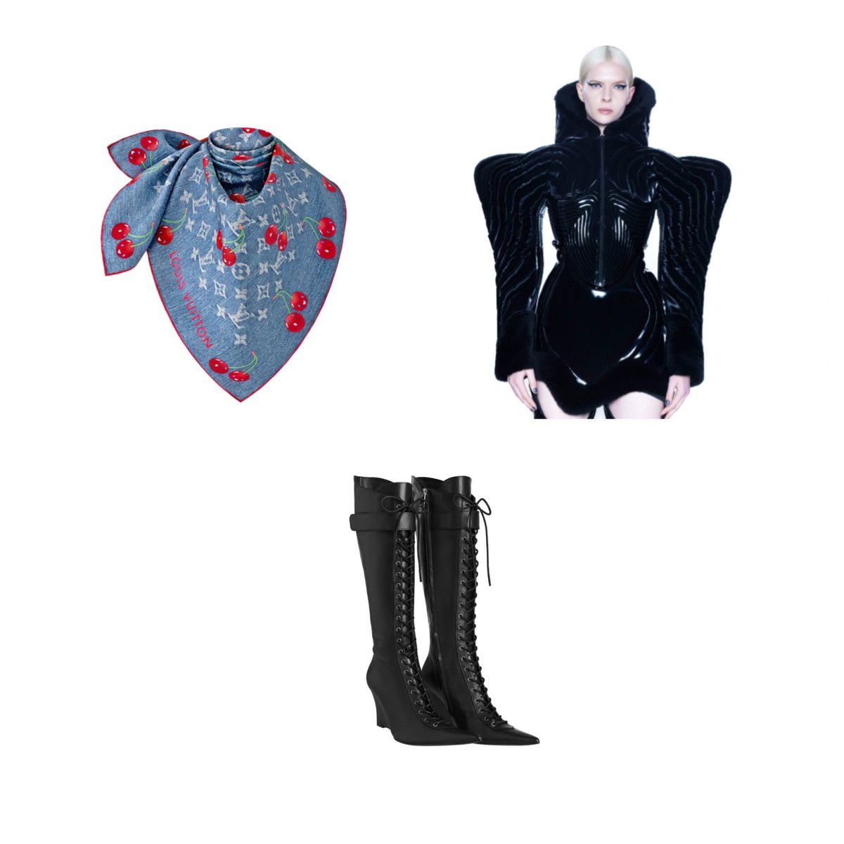 327closet's tweet image. lisa wearing louis vuitton lv x tm denim cerise square 90 & bent kahina black gloss quilted puffer jacket & fancì club expedition wedge boots
