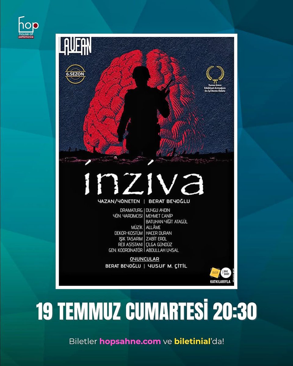 inziva | hop sahne 

🗓 19 Temmuz Cumartesi 20.30

🎫 Biletler: hopsahne.com &amp; <a href="/biletinial/">Biletinial</a>  ve Gişe

Tür: Psikolojik Gerilim
Süre: 70 dakika
Yaş: 13+

#LaveanSanat #İnzivaOyun #inzivaBakırköy #HopSahne #BuYazSahnelerimiziKapatmıyoruz

<a href="/laveansanat/">Lavean Sanat</a> 
<a href="/HopSahne/">HOP SAHNE</a>