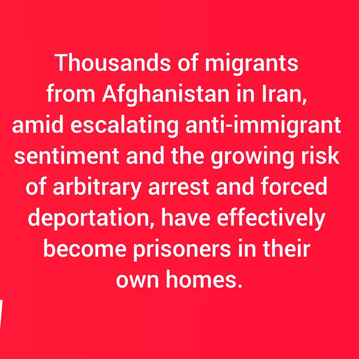AWCSWO's tweet image. Thousands of migrants from Afghanistan in Iran, amid escalating anti-immigrant sentiment and the growing risk of arbitrary arrest and forced deportation, have effectively become prisoners in their own homes.
Fear and anxiety are so widespread that many do not even dare to leave…