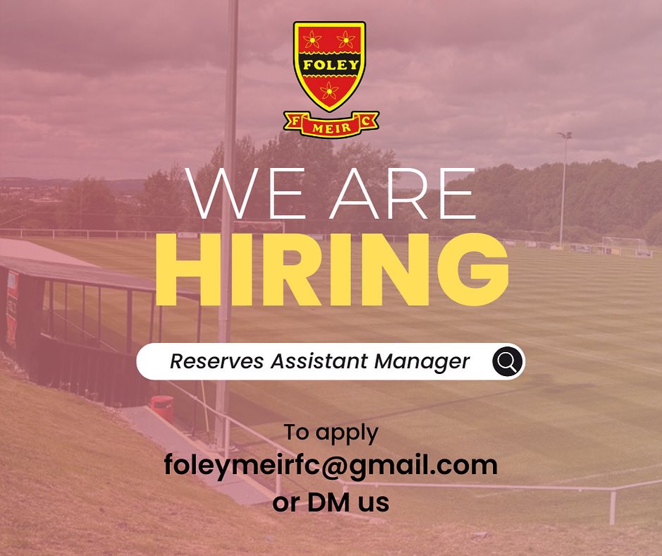 Foley Meir Reserves – Assistant Manager Wanted

We’re looking for a committed Assistant Manager to support our Reserve Team in Step 8 football.

🔹 Type: Part-Time / Voluntary
🔹 Availability: Midweek training &amp; weekend matches
🔹 Location: Foley Meir FC

Key Responsibilities: