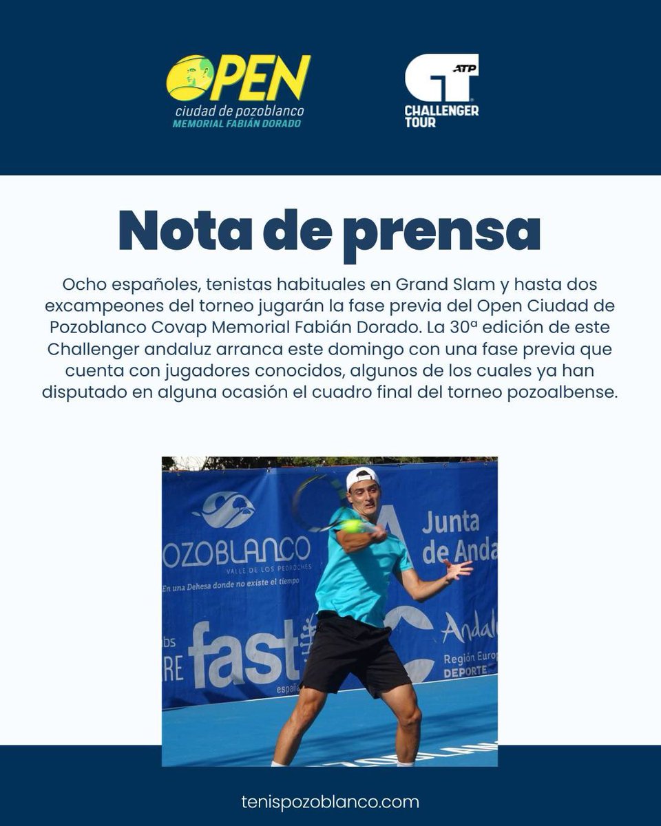 📰 #NotasDePrensaDelOpen

🗣 Ocho españoles, tenistas habituales en Grand Slam y hasta dos excampeones del torneo jugarán la fase previa del Open Ciudad de Pozoblanco Covap Memorial Fabián Dorado

ℹ️ Podéis leer la noticia completa en tenispozoblanco.com 

#TenisPozoblanco