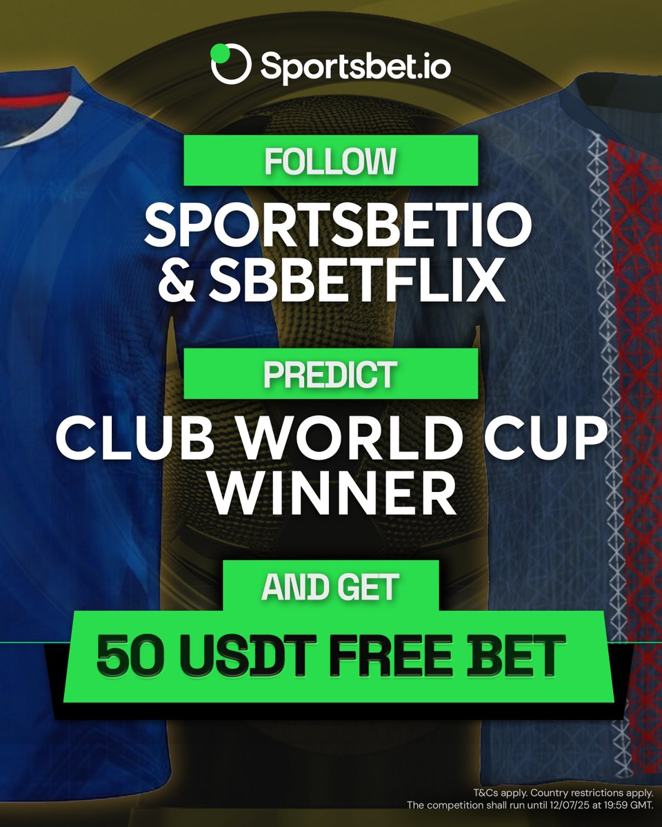 Sportsbet.io (@sportsbetio) on Twitter photo 🚨 𝟱 x 𝟱𝟬 𝗨𝗦𝗗𝗧 𝗙𝗿𝗲𝗲 𝗕𝗲𝘁𝘀 𝗨𝗽 𝗳𝗼𝗿 𝗚𝗿𝗮𝗯𝘀! 🚨
Here’s your chance to win a free bet during the #FIFACWC ⚽
How to Enter:
✅ Follow <a href="/Sportsbetio/">Sportsbet.io</a> & <a href="/SbBetflix/">Sportsbet.io Betflix</a>
🤔 Predict the winners & tag a friend
🔃 Repost for an extra chance to win
Five winners will be 🚨 𝟱 x 𝟱𝟬 𝗨𝗦𝗗𝗧 𝗙𝗿𝗲𝗲 𝗕𝗲𝘁𝘀 𝗨𝗽 𝗳𝗼𝗿 𝗚𝗿𝗮𝗯𝘀! 🚨
Here’s your chance to win a free bet during the #FIFACWC ⚽
How to Enter:
✅ Follow <a href="/Sportsbetio/">Sportsbet.io</a> & <a href="/SbBetflix/">Sportsbet.io Betflix</a>
🤔 Predict the winners & tag a friend
🔃 Repost for an extra chance to win
Five winners will be