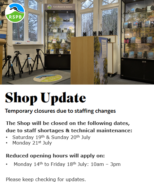 Up to date calendar of closures/opening times for The Lodge Shop, up to Monday 21st July. 👇

The Cafe will be open Monday 14th to Friday 18th July. 
It will be closed on Saturday 19th July for technical maintenance and Sunday 20th July.

Thank you for your understanding.