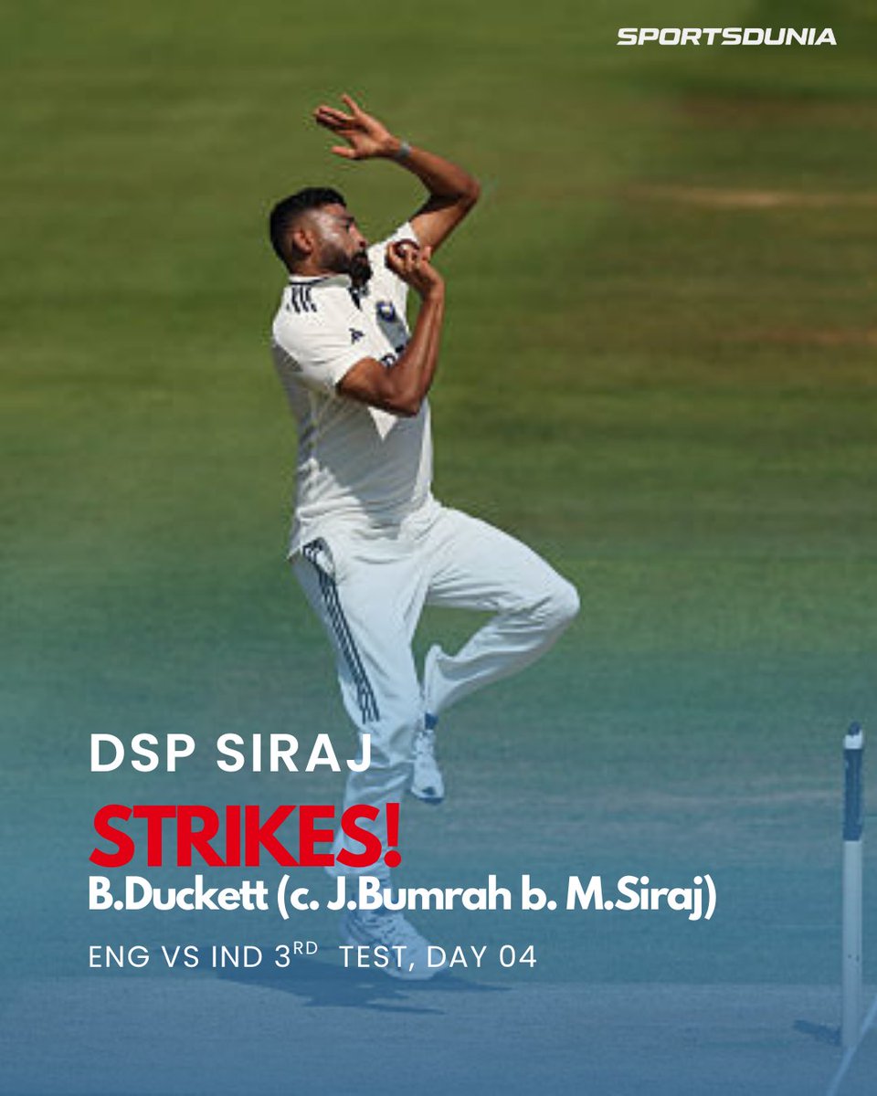 🚨 DSP SIRAJ arrests Ben Duckett early! 🎯
Good catch by Jasprit Bumrah at mid-off — and what a start to Day 4! 🌞
 Siraj strikes first blood! 💥
#MohammedSiraj #BenDuckett #ENGvIND #LordsTest #TestCricket #CricketTwitter
 Follow our page for more and fast cricket updates.