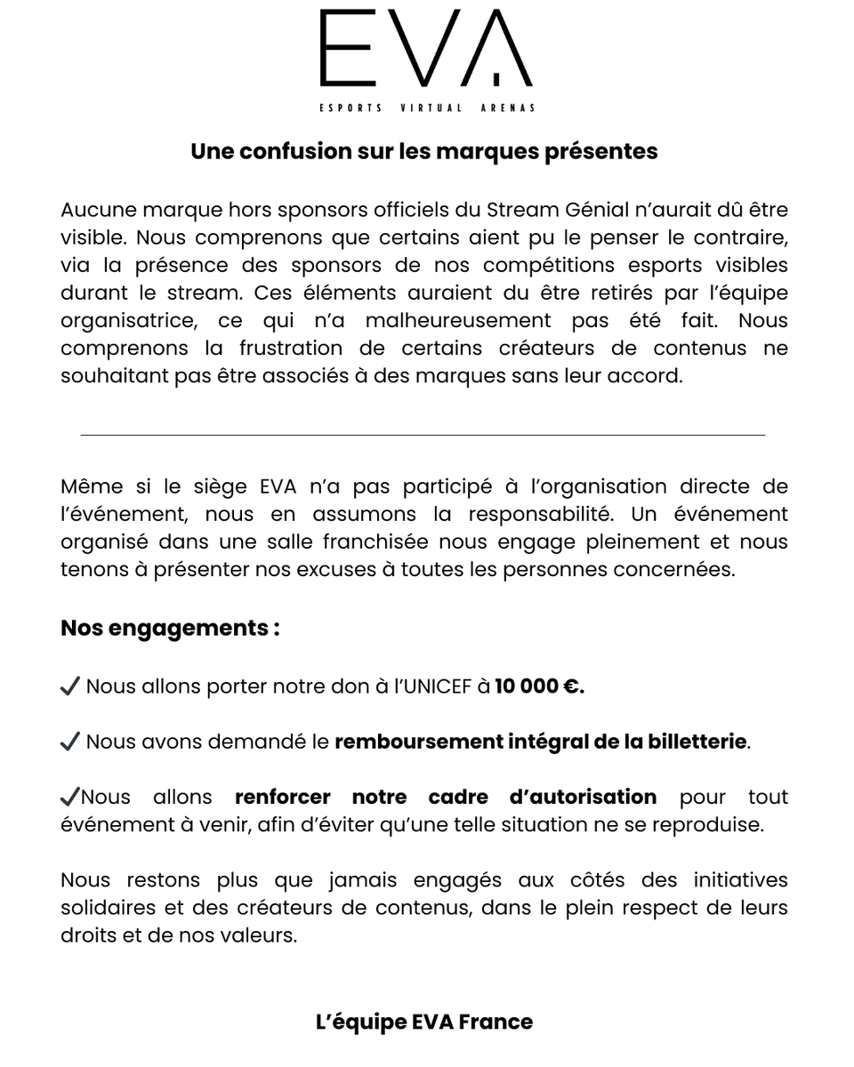 Communiqué suite à l'événement Stream Génial à EVA Lyon-Nord :