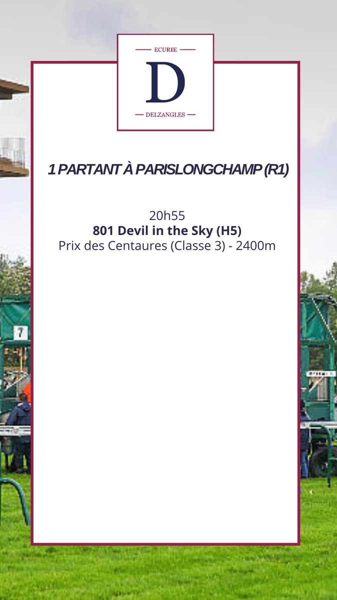 Mikel Delzangles (@delzanglesmikel) on Twitter photo Aujourd’hui à <a href="/paris_longchamp/">ParisLongchamp</a> (R1)
🐎 Devil in the Sky (GA. Ancenys)
« Dans sa catégorie, il a une bonne chance. » Aujourd’hui à <a href="/paris_longchamp/">ParisLongchamp</a> (R1)
🐎 Devil in the Sky (GA. Ancenys)
« Dans sa catégorie, il a une bonne chance. »