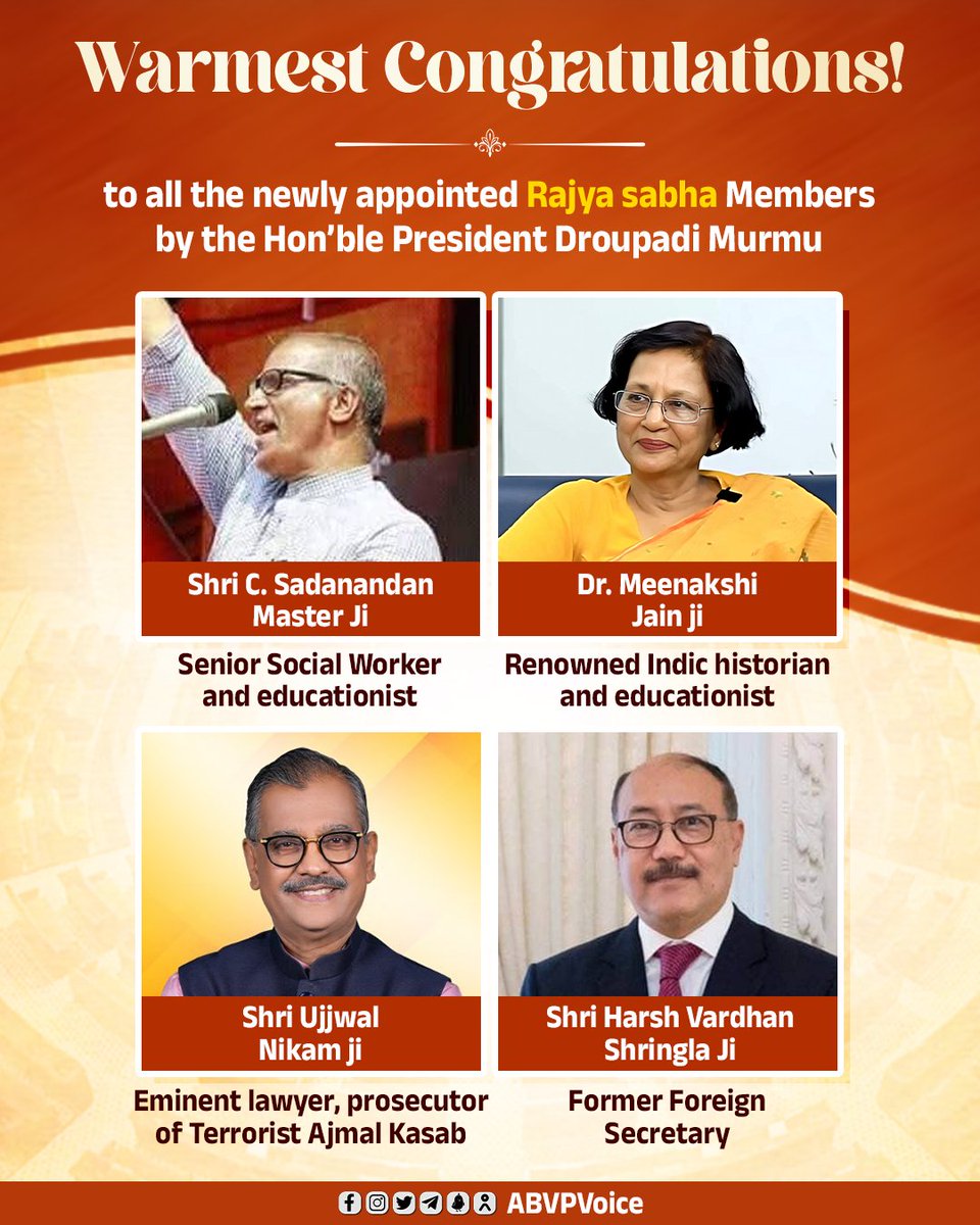 Warmest Congratulations to Shri C. Sadanandan Master Ji, Dr. Meenakshi Jain Ji, Shri Ujjwal Nikam Ji, and Shri Harsh Vardhan Shringla Ji on being nominated to the Rajya Sabha by Hon’ble President Smt. Droupadi Murmu.

Their distinguished contributions in the fields of social