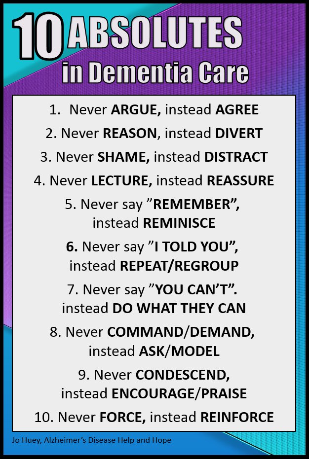 LEAD_Coalition's tweet image. 10 (almost) absolutes in #dementia care.
#Alzheimers #caregiving