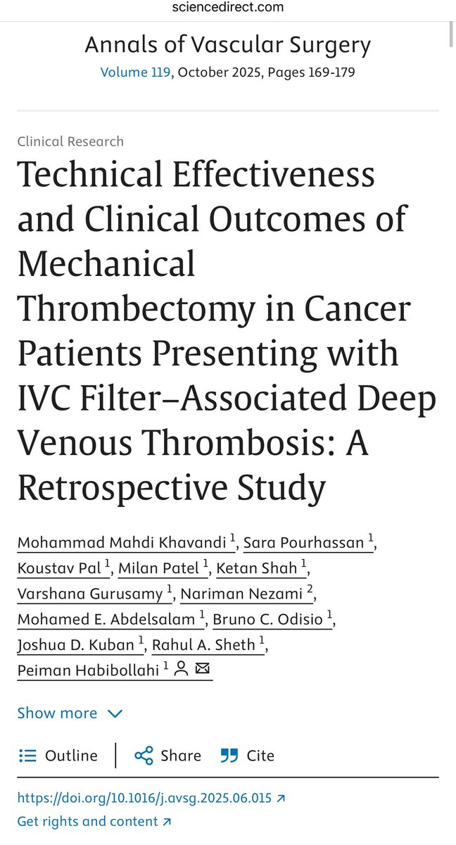 NNezami1's tweet image. Mechanical thrombectomy for IVC filter–associated DVT in cancer patients: 💯 technical success & 91% clinical response, Game-changer for high-risk patients with limited options. 🔗authors.elsevier.com/c/1lPj03AUdjtX…
@MDAndersonNews @Georgetown_IR @PeimanH_VIR