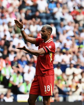 Photography of Cody Gakpo doing Diogo Jota's celebration after scoring against Preston.