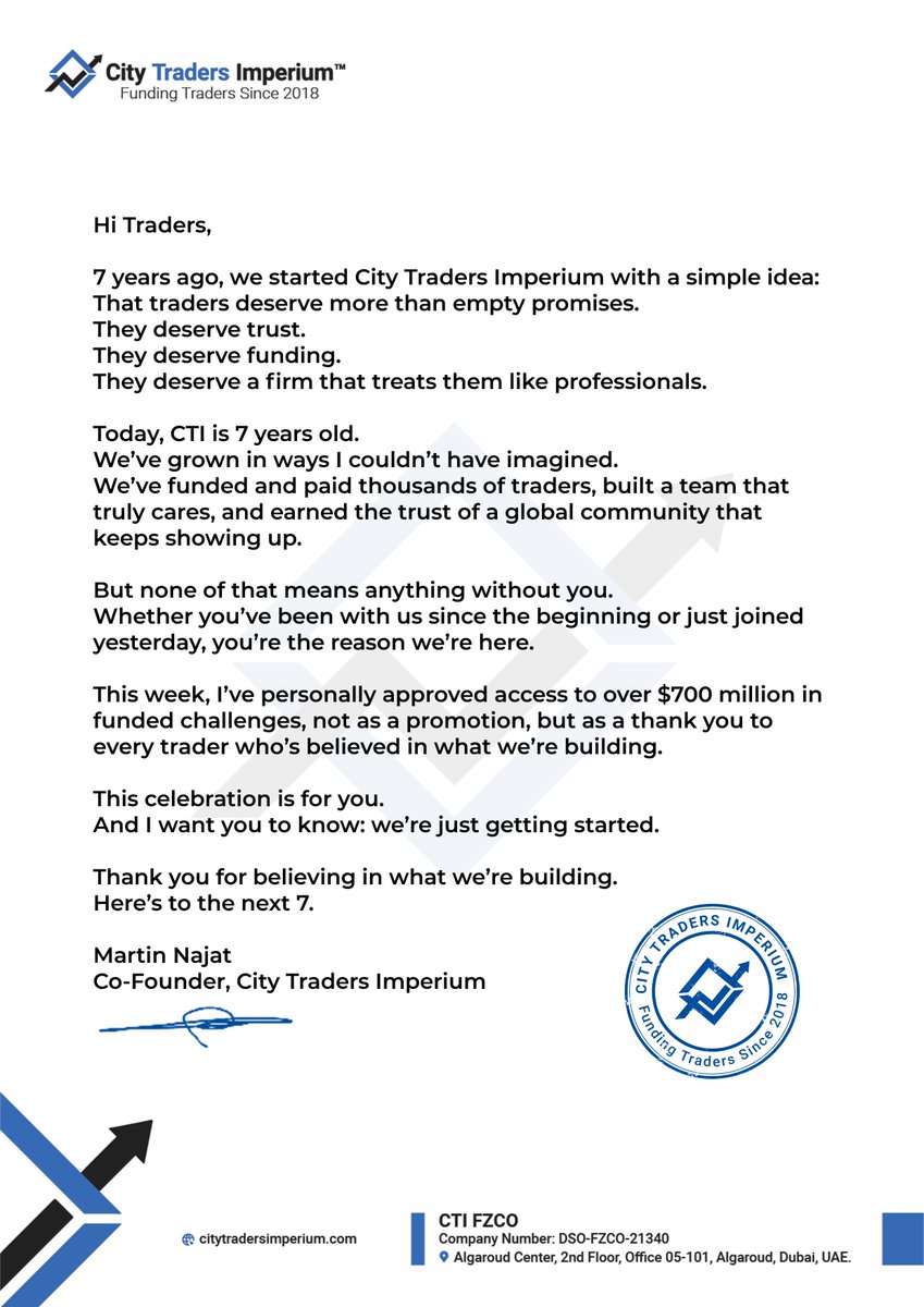 7 years ago, CTI started with a belief: traders deserve better.

Today, <a href="/MartinN_CEO/">Martin N.</a> shares a personal message with every trader who helped make that belief a reality.

This isn’t just a celebration - it’s a thank you.
📜👇

More is coming.
Stay tuned and turn on notifications -