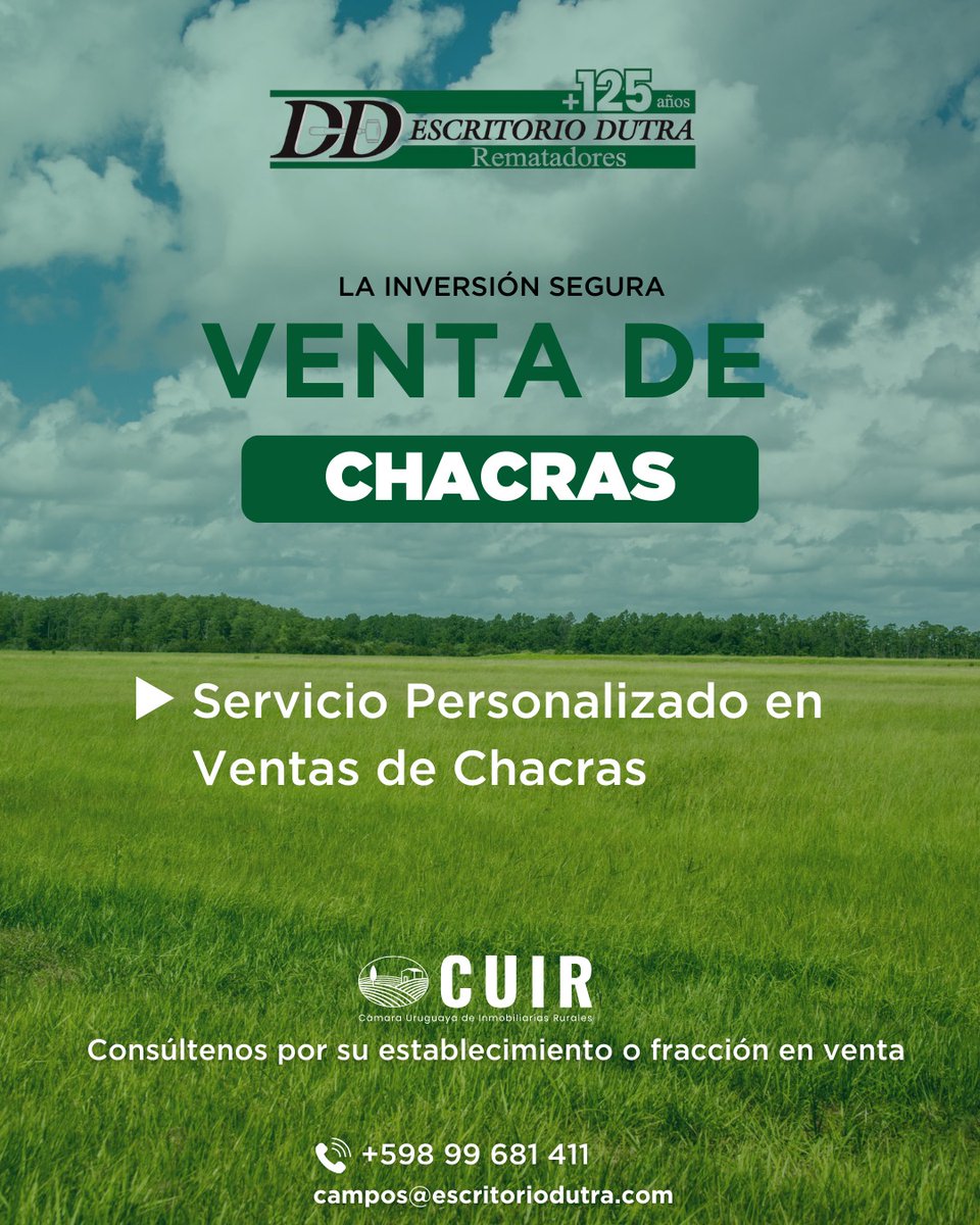 Escritorio Dutra (@escritoriodutra) on Twitter photo Consulte por nuestro servicio de venta de chacras y fracciones.
En Escritorio Dutra brindamos un servicio profesional y personalizado en la comercialización de chacras.
Asesoramos con la venta de sus fracciones o chacras.
📞 099 681 411
📧 campos@escritoriodutra.com Consulte por nuestro servicio de venta de chacras y fracciones.
En Escritorio Dutra brindamos un servicio profesional y personalizado en la comercialización de chacras.
Asesoramos con la venta de sus fracciones o chacras.
📞 099 681 411
📧 campos@escritoriodutra.com