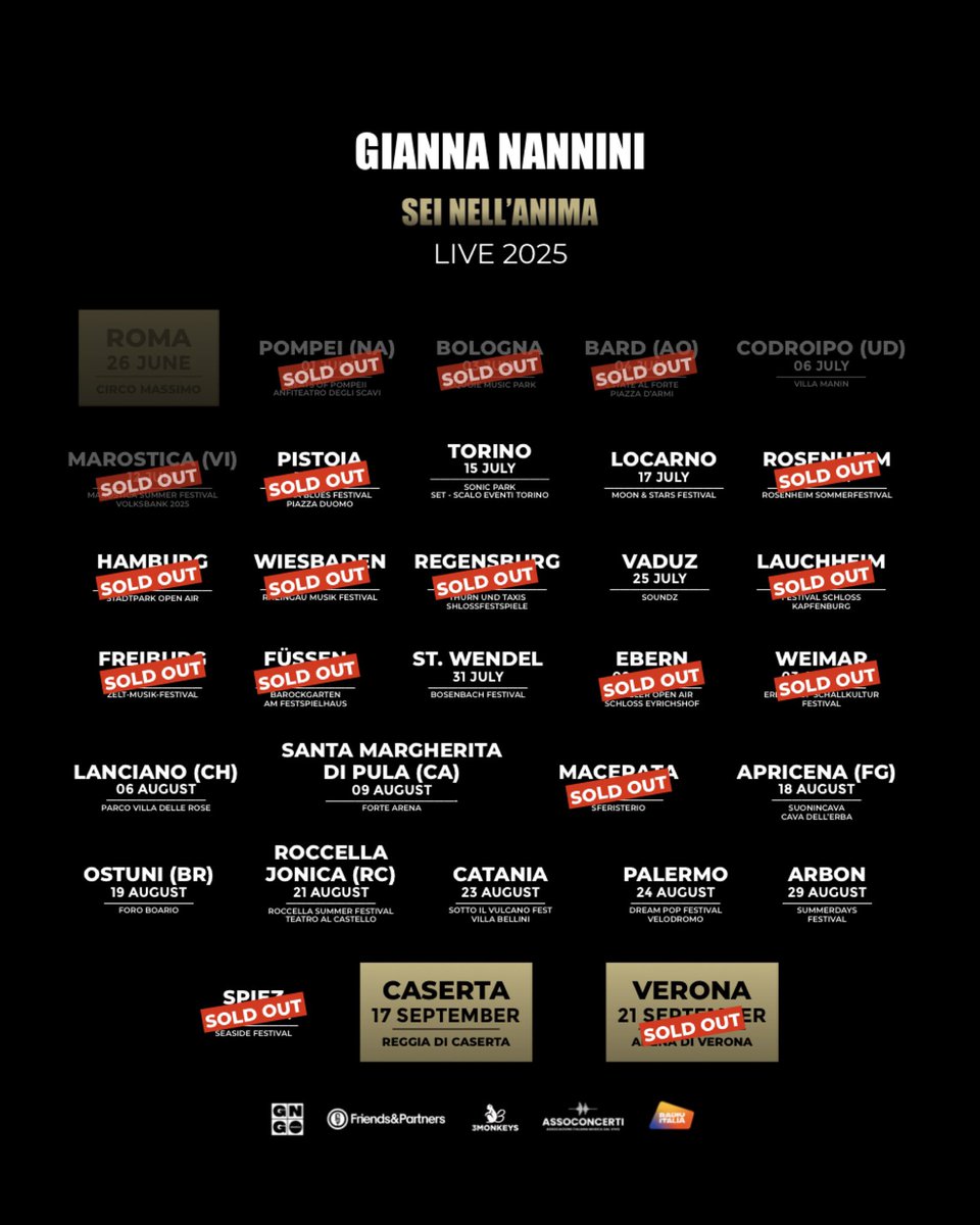 fanclubGN's tweet photo. Pistoia, a tra poco!
Si aggiungono altri sold out al tour.
📷 @simonediluca
#SeiNellAnima #Festival #EuropeanLeg #Tour2025 #GiannaNannini https://t.co/QEesAHzpZM