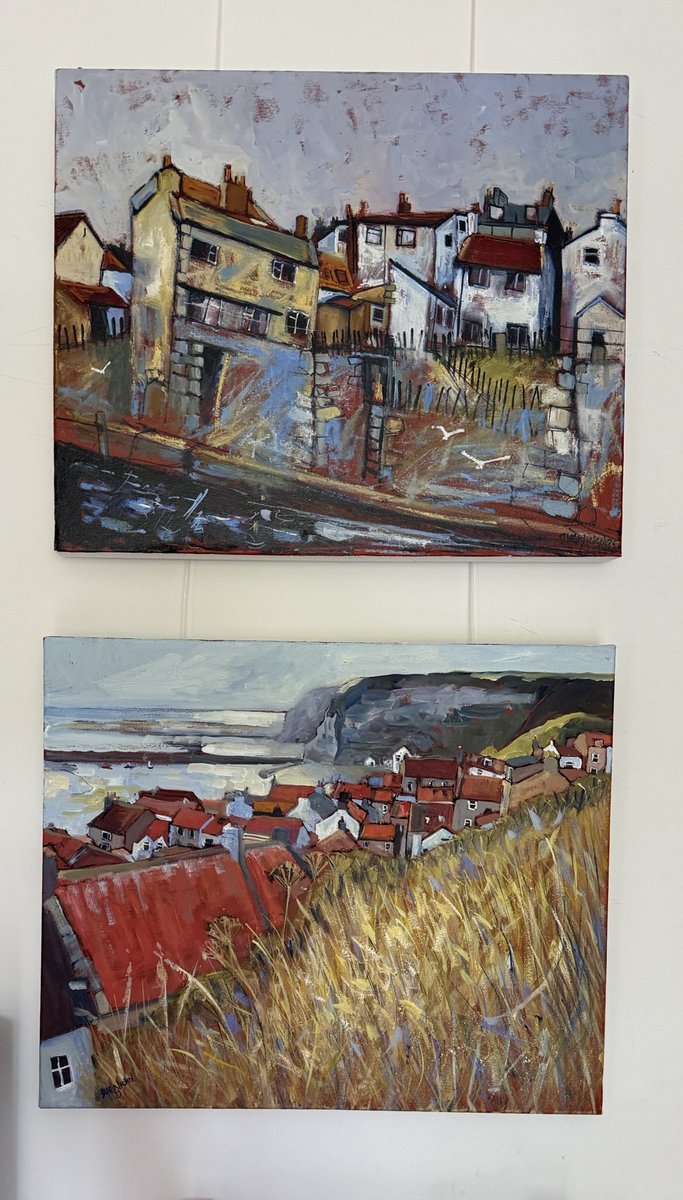 Two of my most recent #paintings on the wall. #Staithes #oils 24x20” #blockcanvas #colour