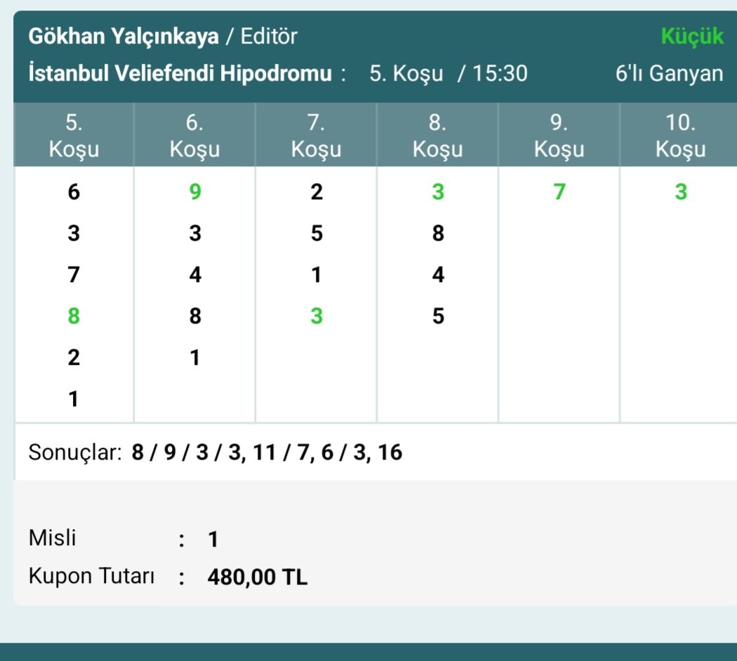 İstanbul 2.altılı 6.702,75 tl.. Değerlendiren üyelerimize hayırlı olsun.. Tutan kuponların adresi <a href="/atyarisicom/">atyarisi</a>