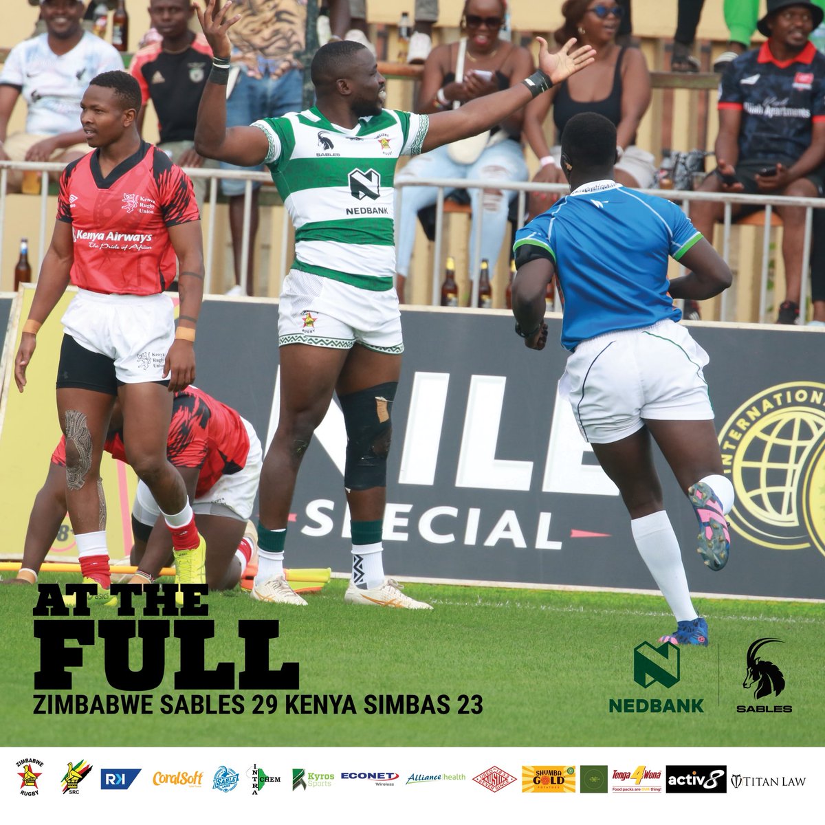 SablesRugbyZW's tweet photo. One step closer to the prize great victory into the final of the @rugbyafrique Cup final #SupportTheSables powered @NedbankZimbabwe https://t.co/bKi9jNwkhu