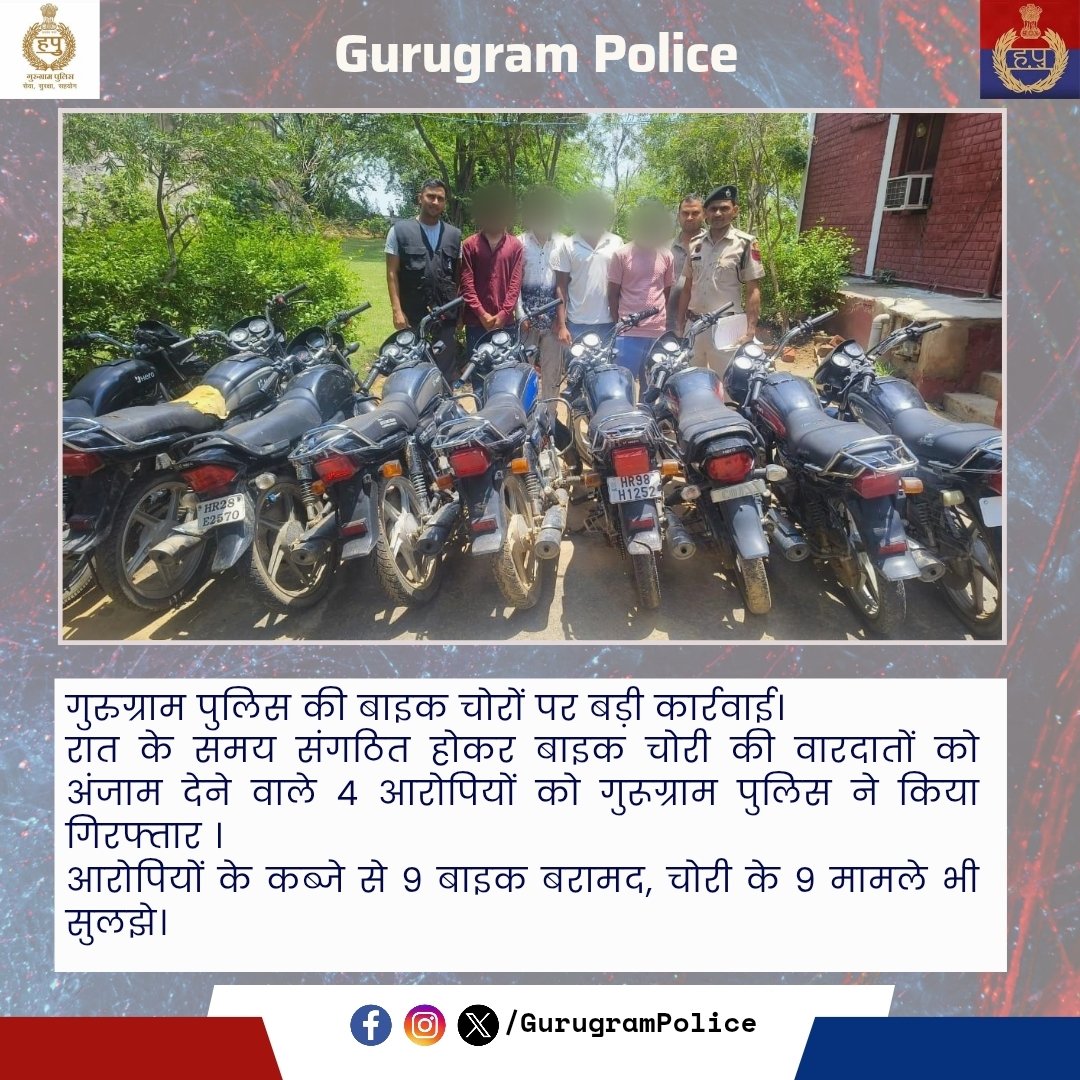 Gurugram Police (@gurgaonpolice) on Twitter photo ЁЯЪи рдЧреБрд░реБрдЧреНрд░рд╛рдо рдкреБрд▓рд┐рд╕ рдХреА рдмрдбрд╝реА рдХрд╛рдордпрд╛рдмреА ЁЯЪФ
рд░рд╛рдд рдореЗрдВ рдЧрд┐рд░реЛрд╣ рдмрдирд╛рдХрд░ рдмрд╛рдИрдХ рдЪреЛрд░реА рдХрд░рдиреЗ рд╡рд╛рд▓реЗ 4 рд╢рд╛рддрд┐рд░ рдЖрд░реЛрдкреА #рдЧреБрд░реВрдЧреНрд░рд╛рдо_рдкреБрд▓рд┐рд╕ рдиреЗ рдХрд┐рдП рдЧрд┐рд░рдлреНрддрд╛рд░ред
ЁЯФ╣ рдЖрд░реЛрдкрд┐рдпреЛрдВ рдХреЗ рдХрдмреНрдЬреЗ рд╕реЗ 9 рдЪреЛрд░реА рдХреА рдмрд╛рдЗрдХреНрд╕ рдмрд░рд╛рдорджред
ЁЯФ╣ 09 рдмрд╛рдИрдХ рдЪреЛрд░реА рдХреА рд╡рд╛рд░рджрд╛рддреЗрдВ рднреА рд╕реБрд▓рдЭреАрдВред
#GurugramPolice
<a href="/DGPHaryana/">DGP Haryana Police</a> <a href="/police_haryana/">Haryana Police</a> ЁЯЪи рдЧреБрд░реБрдЧреНрд░рд╛рдо рдкреБрд▓рд┐рд╕ рдХреА рдмрдбрд╝реА рдХрд╛рдордпрд╛рдмреА ЁЯЪФ
рд░рд╛рдд рдореЗрдВ рдЧрд┐рд░реЛрд╣ рдмрдирд╛рдХрд░ рдмрд╛рдИрдХ рдЪреЛрд░реА рдХрд░рдиреЗ рд╡рд╛рд▓реЗ 4 рд╢рд╛рддрд┐рд░ рдЖрд░реЛрдкреА #рдЧреБрд░реВрдЧреНрд░рд╛рдо_рдкреБрд▓рд┐рд╕ рдиреЗ рдХрд┐рдП рдЧрд┐рд░рдлреНрддрд╛рд░ред
ЁЯФ╣ рдЖрд░реЛрдкрд┐рдпреЛрдВ рдХреЗ рдХрдмреНрдЬреЗ рд╕реЗ 9 рдЪреЛрд░реА рдХреА рдмрд╛рдЗрдХреНрд╕ рдмрд░рд╛рдорджред
ЁЯФ╣ 09 рдмрд╛рдИрдХ рдЪреЛрд░реА рдХреА рд╡рд╛рд░рджрд╛рддреЗрдВ рднреА рд╕реБрд▓рдЭреАрдВред
#GurugramPolice
<a href="/DGPHaryana/">DGP Haryana Police</a> <a href="/police_haryana/">Haryana Police</a>