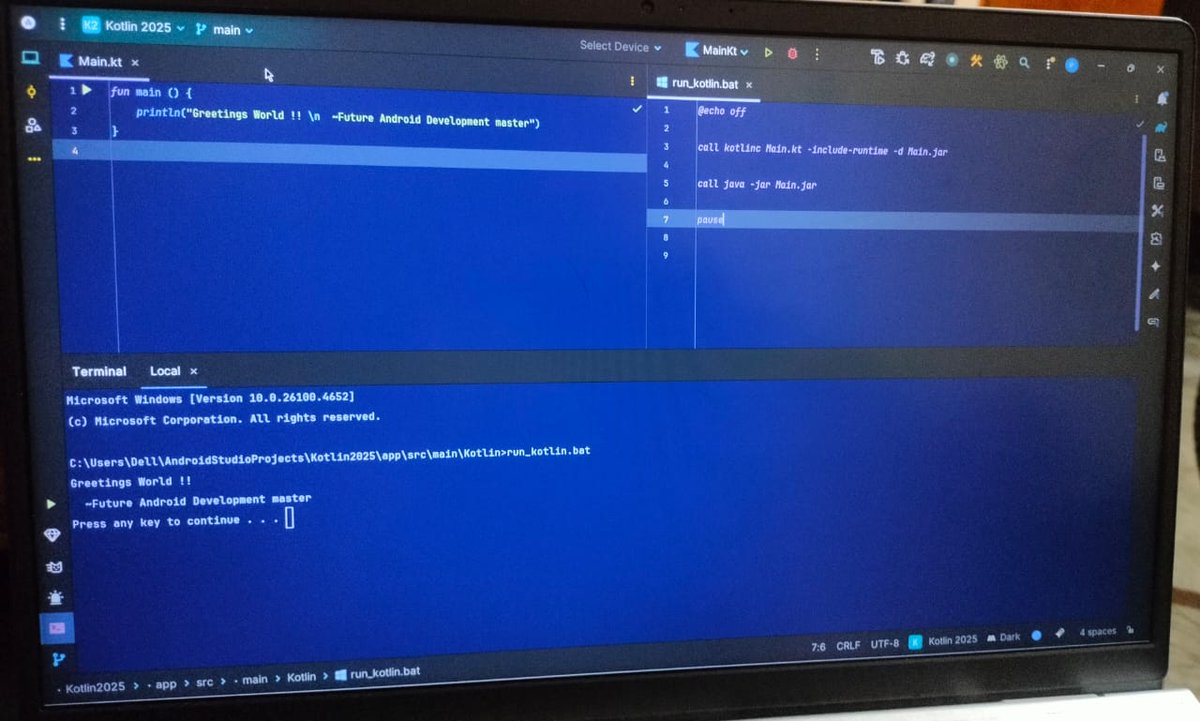 P_r_a_t_i_k_149's tweet image. Started my Android development journey today. Set up the environment, wrote my first Kotlin program, and pushed it to GitHub. Excited to learn step by step. Tips for beginners welcome! #AndroidDev #Kotlin #BuildInPublic #100DaysOfCode #github